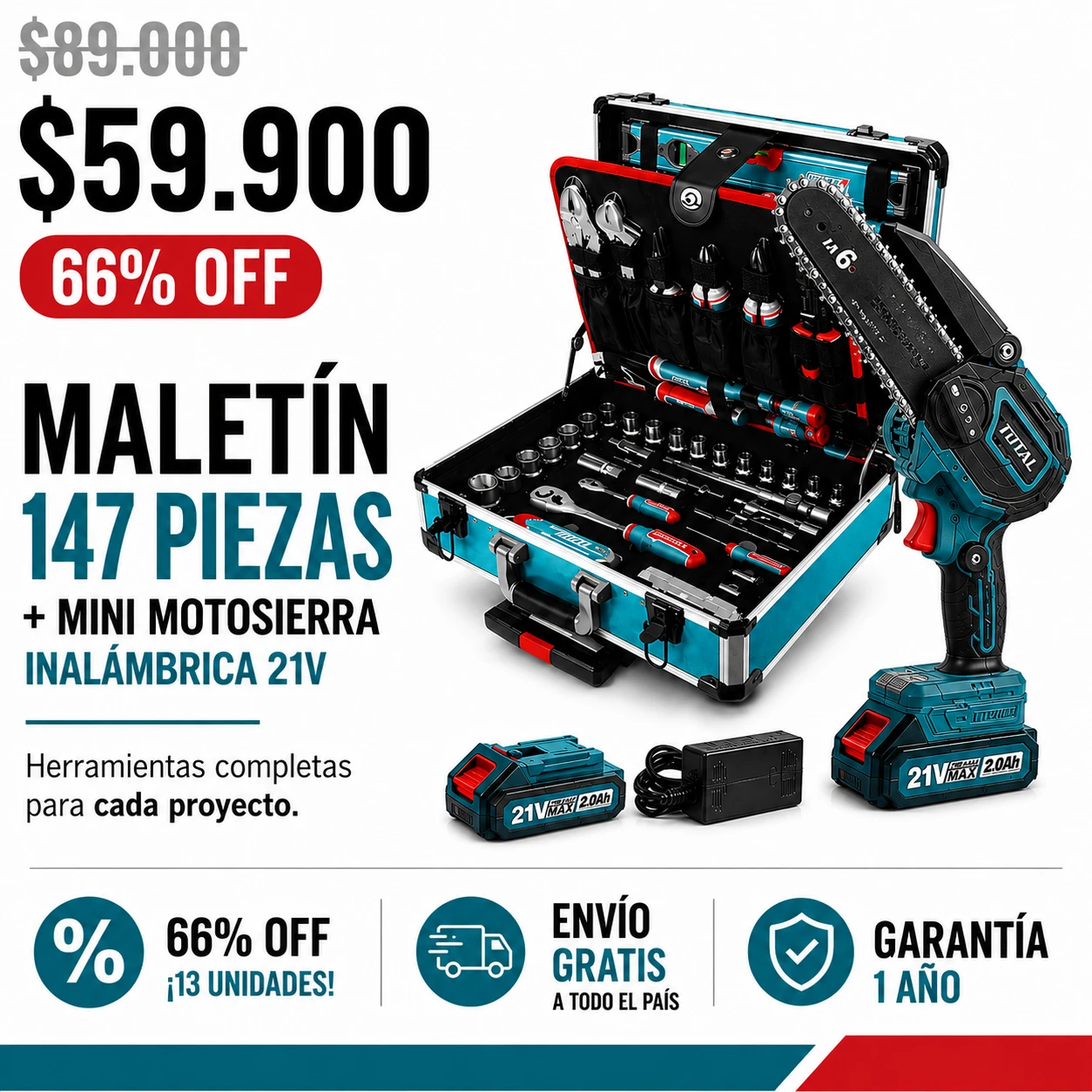 Kit de herramientas 147 piezas + mini motosierra inalámbrica 21V