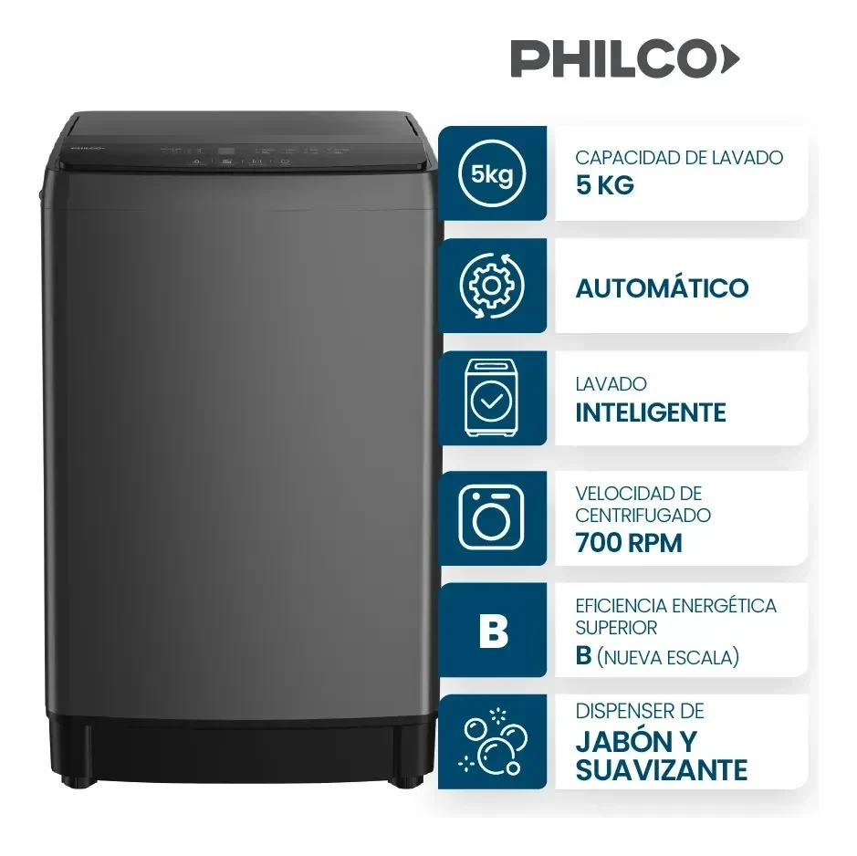 Lavarropas Philco 5kg carga superior gris