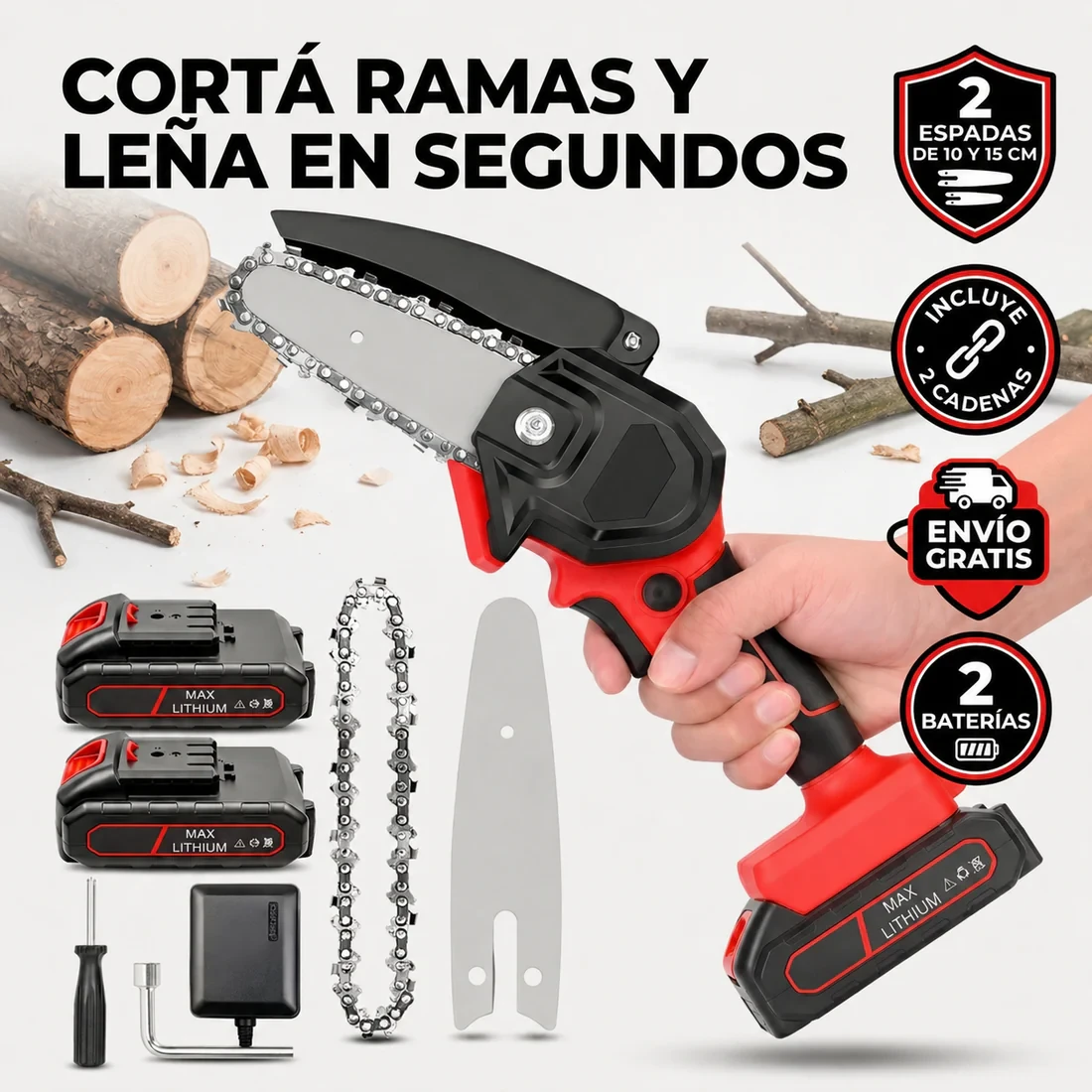 Motosierra portátil inalámbrica 24V con 2 baterías, 2 espadas y 2 cadenas