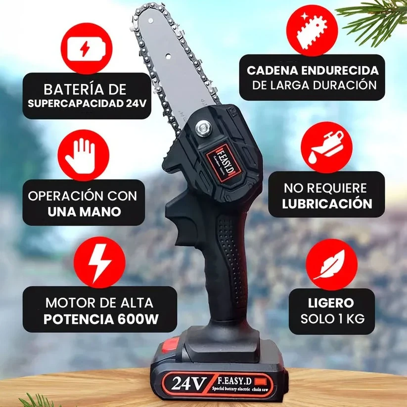 Motosierra portátil inalámbrica 24V con 2 baterías, 2 espadas y 2 cadenas foto 3