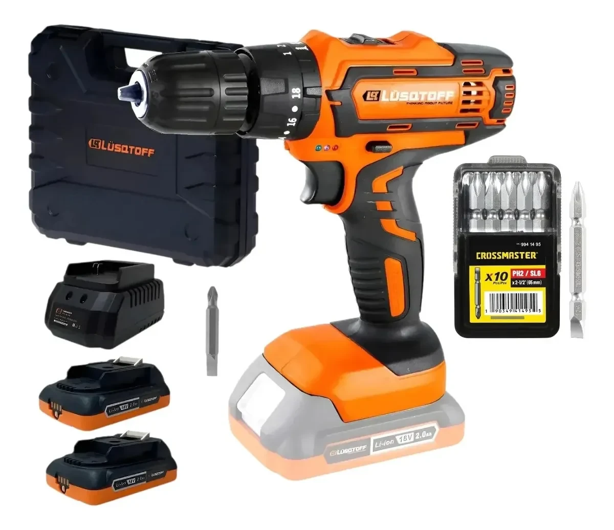 Taladro atornillador percutor Lusqtoff 18V con 2 baterías y puntas