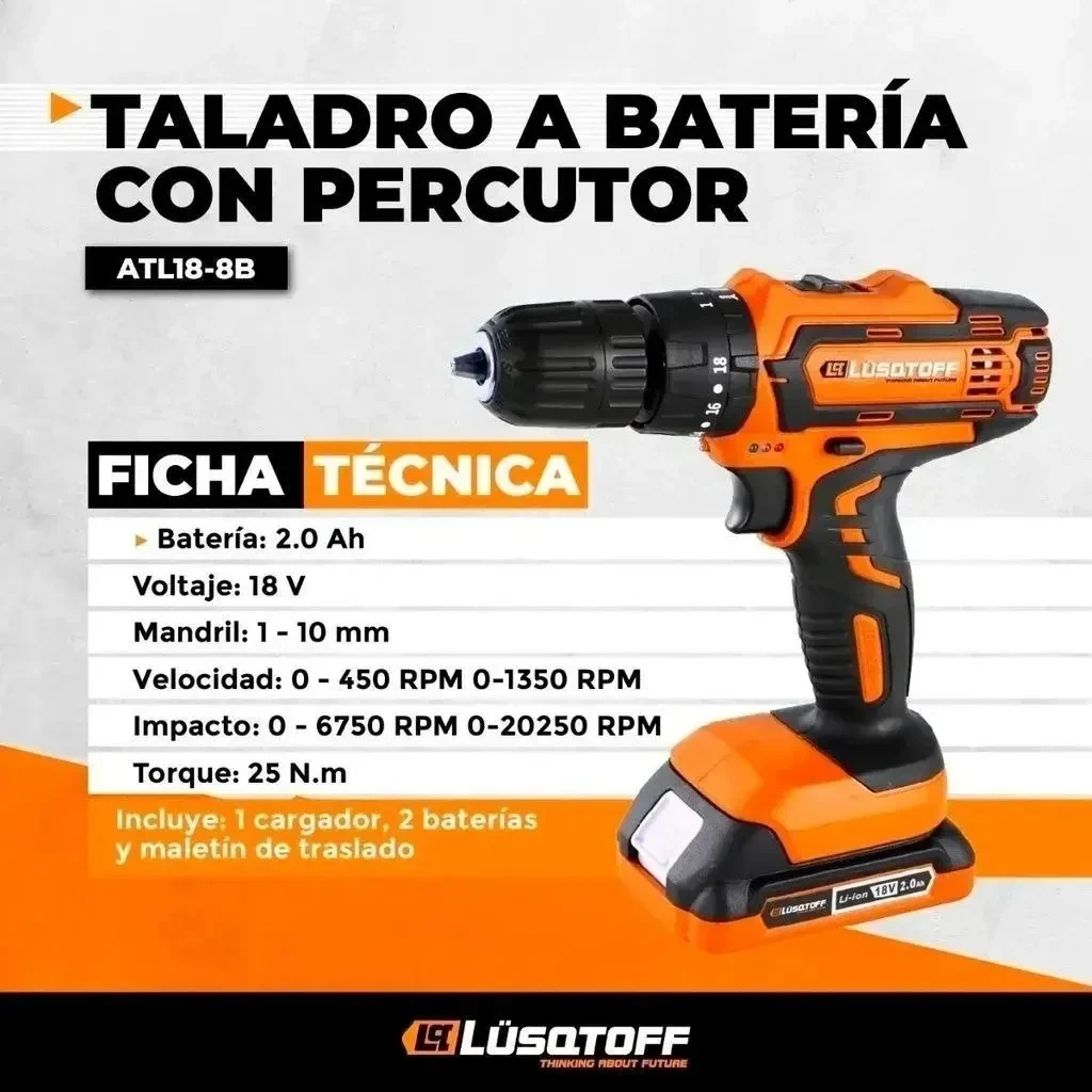 Taladro atornillador percutor Lusqtoff 18V con 2 baterías y puntas foto 4