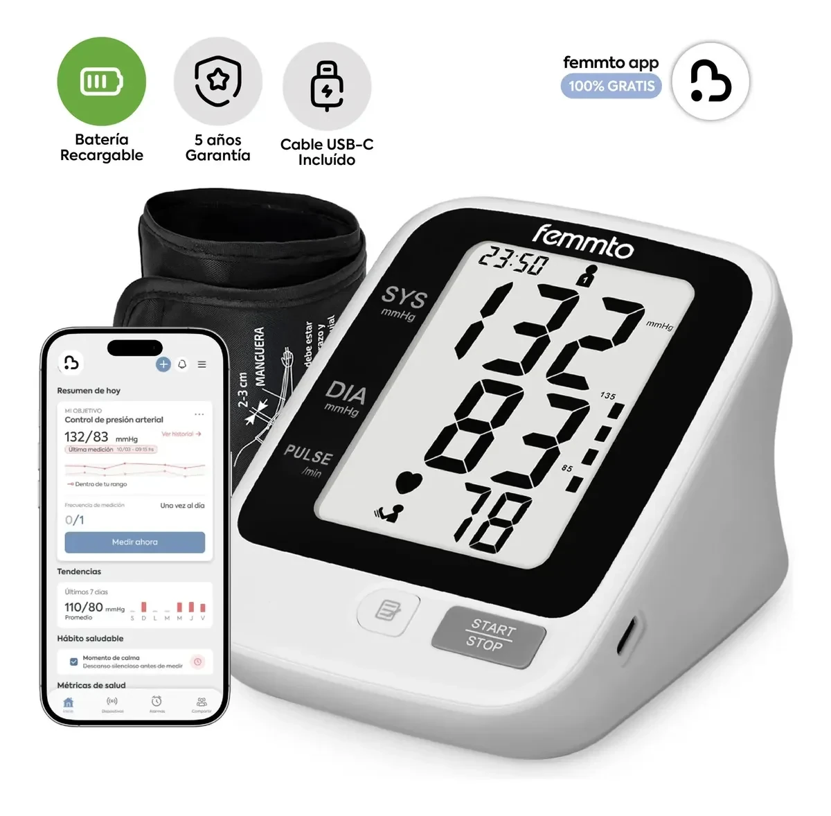 Tensiómetro digital de brazo Femmto automático con batería USB